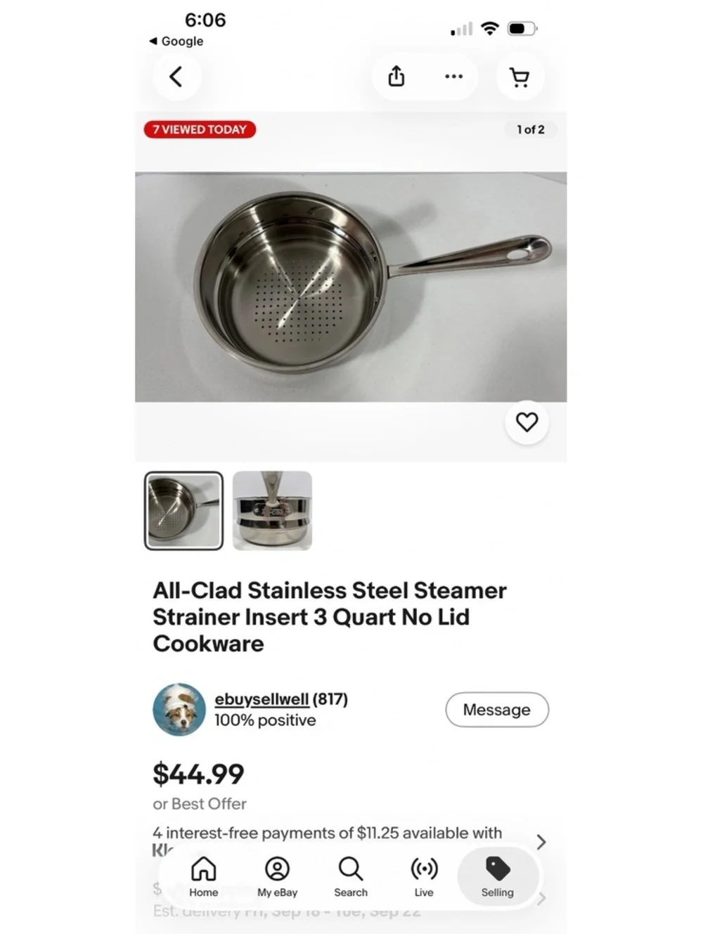 All-Clad Stainless Steel Steamer Strainer Insert 3 Quart No Lid Cookware